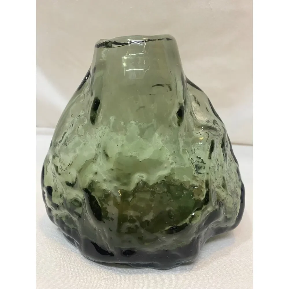 Free Form Minimalist Smoky Gray-Green Glass Vase Heavy Clear Bottom